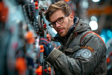 Fototapeta premium An expert technician meticulously works on sophisticated machinery, focus on engineering and manual skill