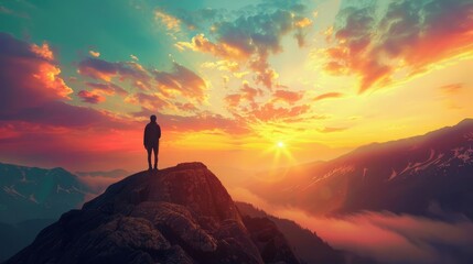 silhouette of person standing on mountain top watching vibrant sunset sky inspiring adventure landscape photograph - obrazy, fototapety, plakaty