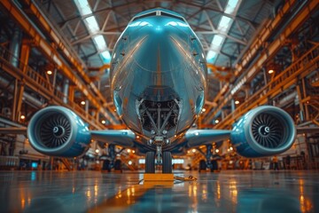 Commercial jet airliner centered in an aircraft hangar for inspection, with engines visible and landing gear deployed - obrazy, fototapety, plakaty