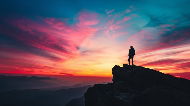 silhouette of person standing on mountain top watching vibrant sunset sky inspiring adventure landscape photograph