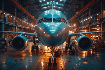 Majestic commercial airplane in a large hangar with intricate lighting and engineering marvel