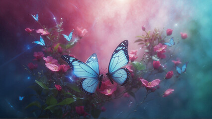 romantic background with butterflies and with copy space in pink and blue colors