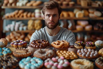 A man overwhelmed by the plethora of confectionery options in a well-stocked pastry shop