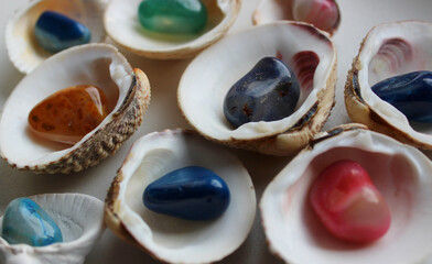 Angle view of each seashell contains one semi-precious stone stock photo for backgrounds 