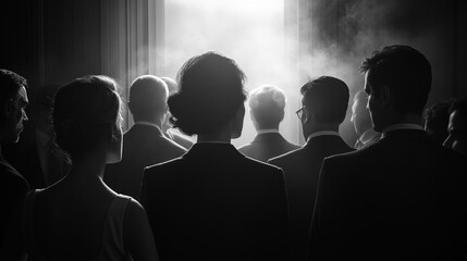 Group of business people leave an office building in the evening. Silhouettes of men and women. Black and white illustration. - obrazy, fototapety, plakaty