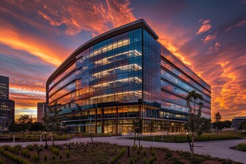 Modern corporate office building against vibrant sunset, representing business success and future growth.