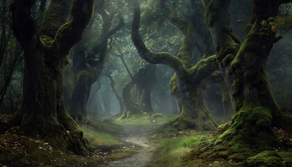 Mysterious dark forest with old trees and path, 3d render - obrazy, fototapety, plakaty