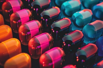 Arrangement of antibiotic capsules signifying medical care - Colorful pills in grid pattern, evoking feelings of trust and dependability - obrazy, fototapety, plakaty