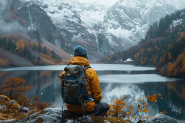 A tranquil scene featuring a solitary hiker in yellow jacket sitting peacefully with a mountain lake view amidst autumn-colored forest