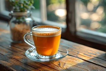 Foto op Plexiglas anti-reflex A beautifully presented latte with delicate foam art, resting on a rustic wooden table basking in warm sunlight © Larisa AI
