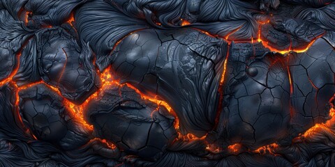 Detailed view of molten lava flowing and glowing intensely - obrazy, fototapety, plakaty