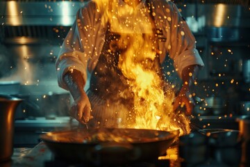 Professional chef expertly searing food over an open flame in a bustling restaurant kitchen, highlighting culinary artistry and skill.
