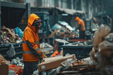 Busy recycling center with workers sorting through heaps of cardboard and plastic, embodying dedication to sustainability and environmental stewardship.