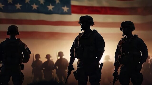 Silhouette of American soldiers in posing respectfully against the backdrop of a fluttering American flag, cinematic lighting with copy space area.