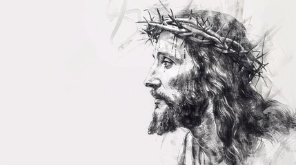 Pencil sketch of Jesus Christ on white background with copy space