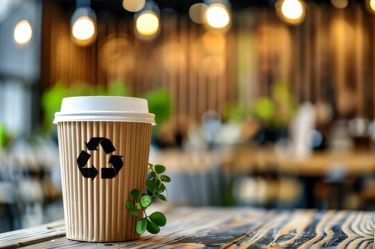 Coffee paper cup with recycle symbol on wooden table in cafe