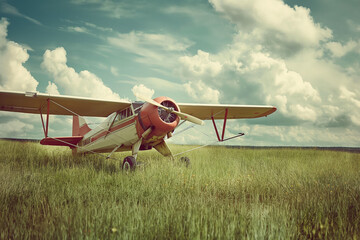 Vintage classic propeller airplane parked on a grassy field, nostalgic early aviation
