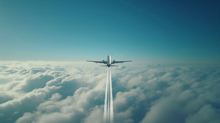 Aerial shot, commercial airplane flying high above the clouds, clear blue sky, representing travel...