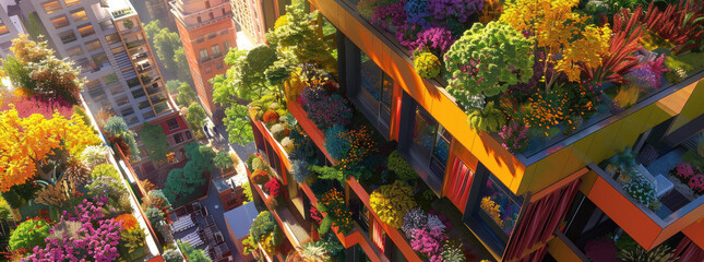 In a vibrant urban rooftop garden, a team of architects and botanists are designing a vertical forest They are carefully arranging colorful flowers and plants on the buildings exterior - obrazy, fototapety, plakaty