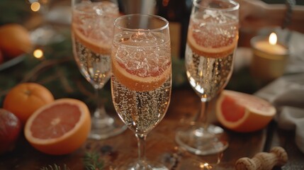   A tight shot of two wine glasses, each holding a sliced grapefruit and orange, positioned in front of a festively adorned Christmas tree
