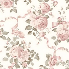 pink roses and pink ribbon pattern, white background