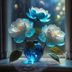 Three camellias, blue and white, on beautiful lace Mr./Ms.'s flowers made of transparent glass Enchanted glitter Transparent peridot stems, leaves and buds Passion Rain window Antique furniture,8k