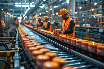 Quality control inspectors using AI-powered cameras and software to detect defects and anomalies in products as they move along conveyor belts in the warehouse - obrazy, fototapety, plakaty