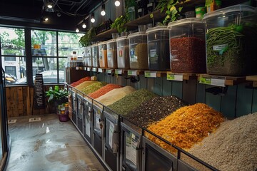 A zero waste grocery store with bulk bins and refill stations for customers to bring their own containers, reducing packaging waste and promoting a circular approach to shopping and consumption