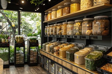 A zero waste grocery store with bulk bins and refill stations for customers to bring their own containers, reducing packaging waste and promoting a circular approach to shopping and consumption - obrazy, fototapety, plakaty