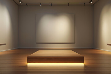 Classic, wooden podium in an art gallery setting, spotlit from above, empty for product presentation, warm and inviting atmosphere