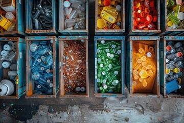 An aerial view of a recycling center with bins for sorting various materials like plastic, glass, and paper, showcasing the process of recycling and waste management in a circular economy