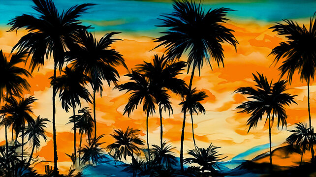 Island scene beach sunset illustration. Tropical Watercolor Silhouette Palm Trees. Landscape with Stormy Sky. Exotic Vacation Holiday Art. Brush strokes, wash, hand painted, orange, yellow, turquoise