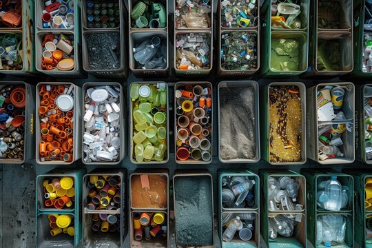 An aerial view of a recycling center with bins for sorting various materials like plastic, glass, and paper, showcasing the process of recycling and waste management in a circular economy