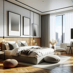 Free Photo Realistic bright modern double bedroom with furniture generative Ai