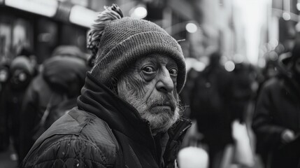 Obraz premium City Homelessness - Individuals pleading for help on crowded streets, highlighting poverty and socioeconomic inequality.