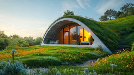 Fototapeta premium Sustainable eco village concept. 3d rendering of house symbols on fresh spring meadow with blue sky in background.