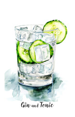 Watercolor illustration of Gin and tonic cocktail with cucumber isolated on white