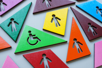 Multi-colored figures and one with a Disabled person sign as a concept of inclusivity and diversity. - obrazy, fototapety, plakaty