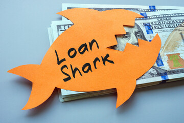 A stack of money and a paper fish with an inscription loan shark.