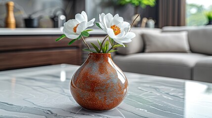   A tight shot of a vase filled with blooms on a table, adjacent to a couch in the room