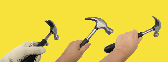 Set manual technical instruments hammers in craftsman's hand, tools quality craftsmanship and technical work on yellow background