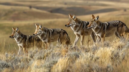 Wild Coyotes. Resilience in North American Prairies - Capturing the untamed beauty of wild coyotes roaming the North American prairie, symbolizing the resilience of nature.