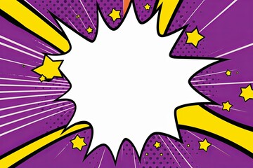 Violet background with a white blank space in the middle depicting a cartoon explosion with yellow rays and stars