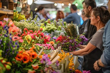 Busy Floral Market Stall Full of Customers