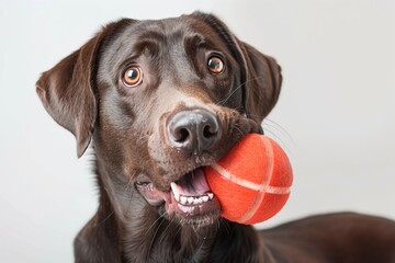 Playful dog holding orange ball in mouth.
