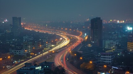 City Highway at Night. Traffic streams along a bustling highway against the backdrop of a city ablaze with lights, encapsulating the vibrancy of urban living.