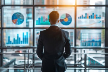Fototapeta premium Businessman views holographic financial data.