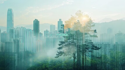 Green forest overlay landscape on downtown green city double exposure cityscape