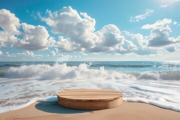 Fototapeta na wymiar Wooden podium amidst ocean waves under sunny sky.