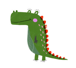 Cute Green Alligator. Funny Crocodile with Pink Blush. Simple Nursery Art with Green Croc. Hand Drawn Dino on a White Background Ideal for Card, Wall Art, Poster. Print with Prehistoric Animal.  - 785584321